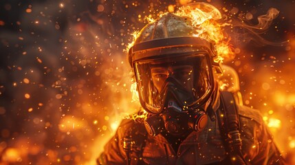 A close-up portrait of a firefighter, his face obscured by a mask and helmet.