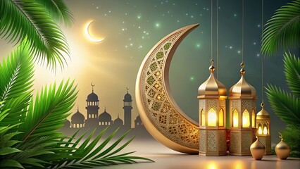 Crescent moon, mosque, lantern, Islamic patterns, tropical leaves for Ramadan Kareem