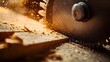 © Heng Heng - AI Stock - Macro photography capturing the intricate motion and detailed texture as a saw blade cuts through a piece of wood showcasing the industrial process and machinery