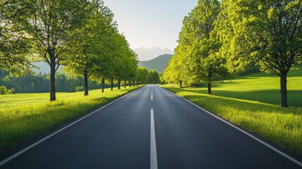 Poster - a quiet countryside road lined with trees, a peaceful and scenic atmosphere