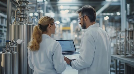 Leinwandbilder - Middle Aged Engineer and Female Scientist Standing with Their Back Using Laptop Computer and Talking in a Factory Facility with Equipment Producing Modern Technical Devices for Differe : Generative AI