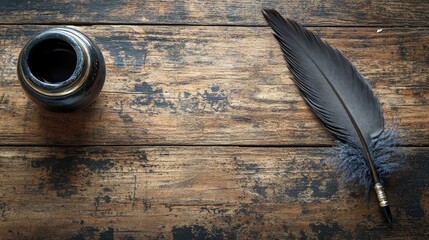 A single quill pen with an elegant feather tip, lying on a rustic wooden desk beside an inkwell