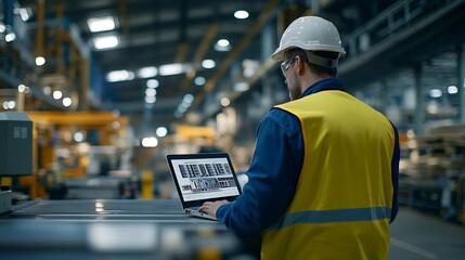 Leinwandbilder - Industrial Engineer Working at a Technology Factory Middle Aged Male Using Laptop Computer at Work Browsing Electronics Information Online Mans Back in Safety Vest Turned to Camera : Generative AI