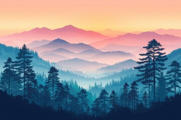 Wall Mural - Silhouetted Pine Trees Against a Foggy Mountain Range at Sunset