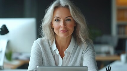 Poster - Mature businesswoman and computer portrait at desk draw tablet or internet technology in office for work Professional female person online for design job happy employee in workplace or : Generative AI