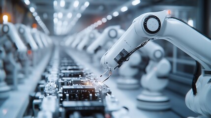 Poster - Industrial Robot Arms Assemble LithiumIon EV Battery Pack Row of White Robotic Arms at Automated Production Line at Bright Modern Factory Electric Car Manufacturing Inside Automotive S : Generative AI