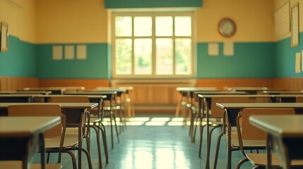 Wall Mural - Empty school classroom with desks and chairs : Generative AI