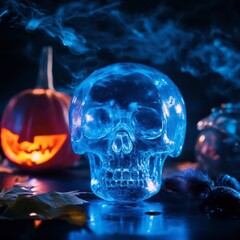 Wall Mural - Glowing blue skull with carved pumpkin and wisps of smoke at Halloween