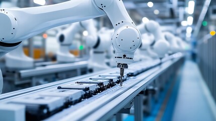 Poster - Row of White Robotic Arms at Automated Production Line at Factory Electric Car Manufacturing Line Inside Automotive Smart Factory Industrial Robot Arms Assemble LithiumIon EV Battery P : Generative AI