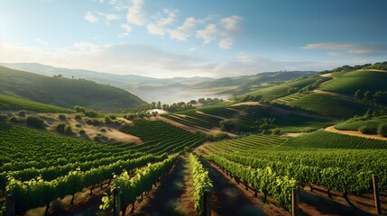 A panoramic view of a sustainable vineyard with organic farming practices, illustrating the integration of environmental stewardship in winemaking.