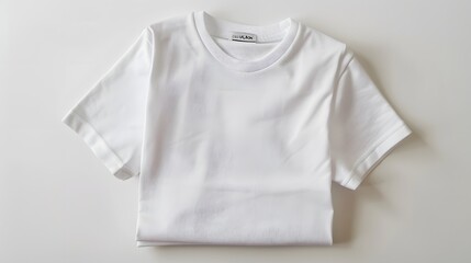 A plain white t-shirt folded on a white background.