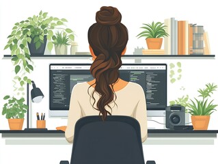 Female programmer working at a computer in a home office, rear view