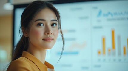 Leinwandbilder - Business woman coach and screen with team for meeting presentation or corporate discussion on revenue at office Female person talking to employees with graph chart or data for profit a : Generative AI