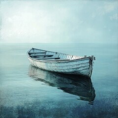 Sticker - A weathered wooden rowboat floats serenely on a calm, blue lake with its reflection visible in the water.