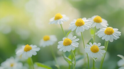 Wall Mural - Tanacetum parthenium feverfew white yellow flowering plant Traditional medicinal daisy herb in summer garden : Generative AI