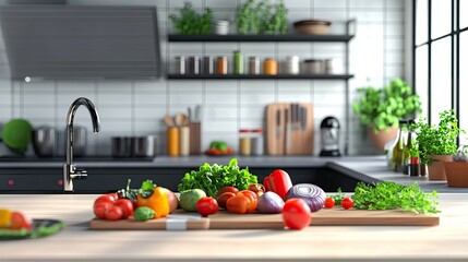 Wall Mural - Fresh vegetables on a wooden cutting board in a modern kitchen. The vegetables are ready to be used in a delicious meal.