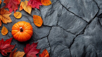 Wall Mural - Thanksgiving and Autumn decoration concept made from autumn leaves and pumpkin on stone background Flat lay top view with copy space : Generative AI