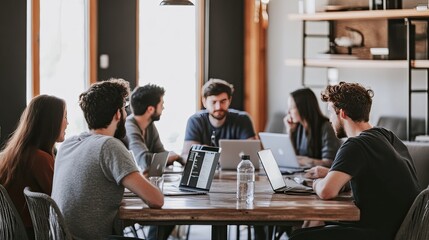 Group of young professionals working on laptops in a modern office.