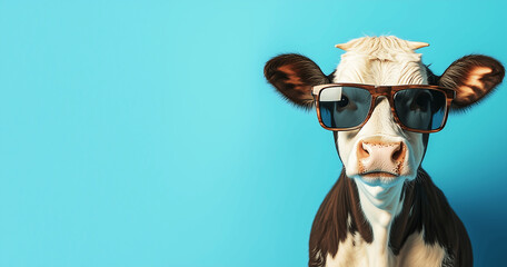 Cool Cow Wearing Sunglasses Against a Bright Blue Background for a Fun and Quirky Portrait