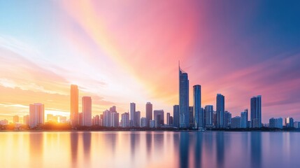 Wall Mural - a sunset over a metropolitan skyline, with skyscrapers reflecting the warm colors of the sky