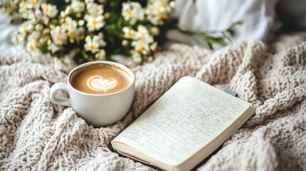 A cup of coffee, a notebook, and white flowers on a cozy knit blanket.