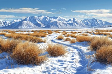 Poster - Snow-Covered Field with Dried Grass in Front of a Mountain Range