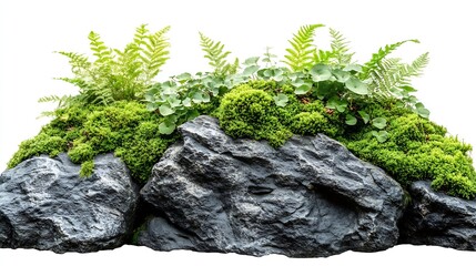 Wall Mural - Tropical plant fern moss bush tree jungle stone rock isolated on white background with clipping path : Generative AI