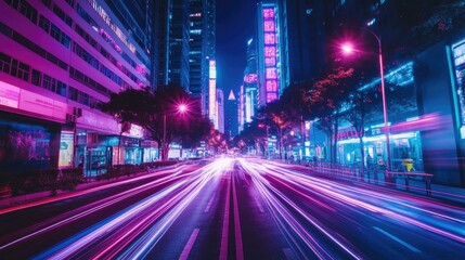 Neon lights illuminate a city street at night, with light trails from moving cars.