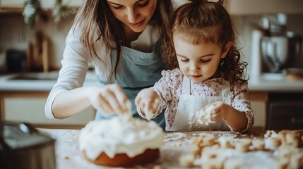 A mother and her daughter bake a cake together in the kitchen.