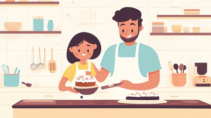 An illustration of a father and daughter baking a cake together in the kitchen.