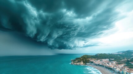 Wall Mural - a timelapse of a storm approaching a coastal town with dark clouds rolling in and the sea becoming rough, a dramatic and intense visual experience