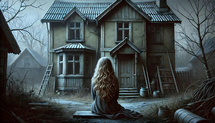 Abandoned girl sitting alone at abandoned house.