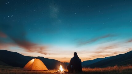Wall Mural - a traveler sitting by a campfire under a starlit sky in a remote wilderness, with a tent set up near