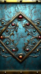 Poster - Intricate gold filigree on a weathered teal background.