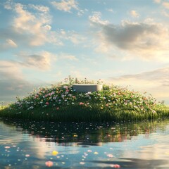 Wall Mural - A white pedestal sits atop a grassy island surrounded by colorful flowers, all reflecting on the blue water beneath a cloudy sky.