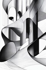 Line art illustration featuring a contemporary abstract architectural backdrop in a three dimensional design