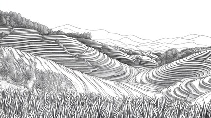 Line art depiction of terraced rice fields