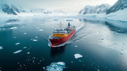 Vernadsky Ukrainian polar explorer station Science research expedition to Antarctica Travel tourism on South Pole People on red boat zodiac ship sailing wild nature ocean coast Aerial  : Generative AI