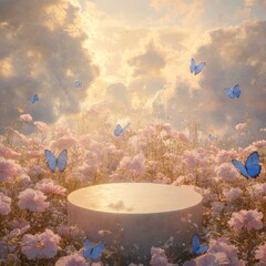 Poster - A white podium sits in a field of pink flowers with blue butterflies flying around it against a backdrop of a cloudy sky.