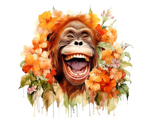 Image of an orangutan head with colorful tropical flowers on white background. Mammals. Wildlife Animals.