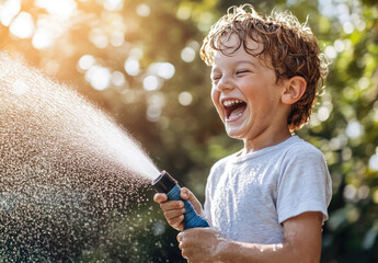 Canvas Print - a boy laughing while spraying water from the garden hose on a sunny day. 