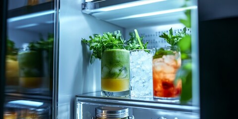 Wall Mural - Fridge shelf with green, yellow, and red drinks.