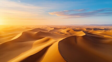 Wall Mural - an aerial shot of a vast desert landscape with dunes stretching into the horizon, the sand casting long shadows in the golden light of sunrise