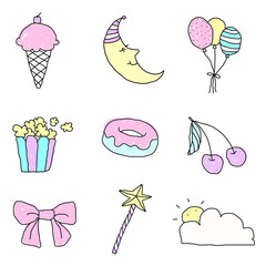 Sticker - Cute pastel doodle sticker with a white border design element set