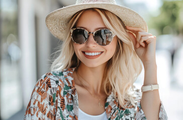 Canvas Print - a fashionable blonde woman in a stylish summer outfit, wearing sunglasses and a hat, smiling while walking on the street.