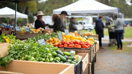 Fresh produce displayed at a local farmers market with customers browsing.