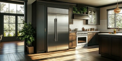 Poster - Modern kitchen with stainless steel appliances and wood cabinets.