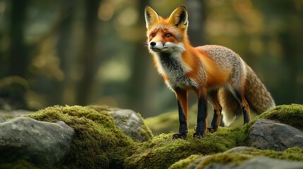 Portrait of a cute Red fox standing in the forest Single animal on the mossy rocks in wild nature : Generative AI