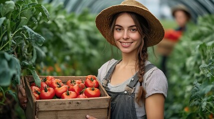 Fototapete - Portrait woman and box with vegetables in greenhouse for sustainable production and cultivation Smile worker and basket with harvest in nature for eco friendly gardening and organic fa : Generative AI