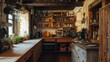 © BozStock - A rustic kitchen with wooden cabinets and shelves filled with jars and bottles.
